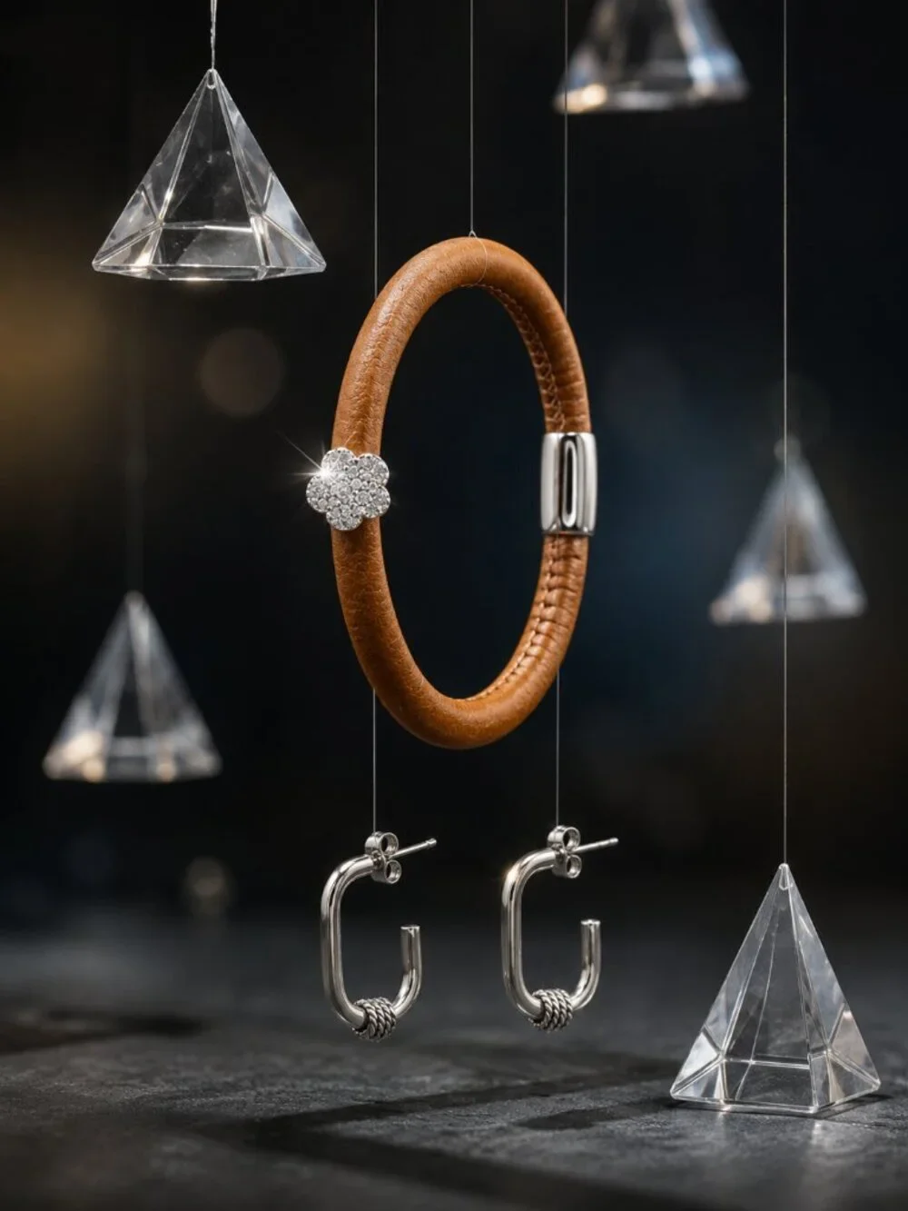 Caramel Vegan Leather Magnetic Bangle and Steel Hoop Earrings Set CZ Flower Boho